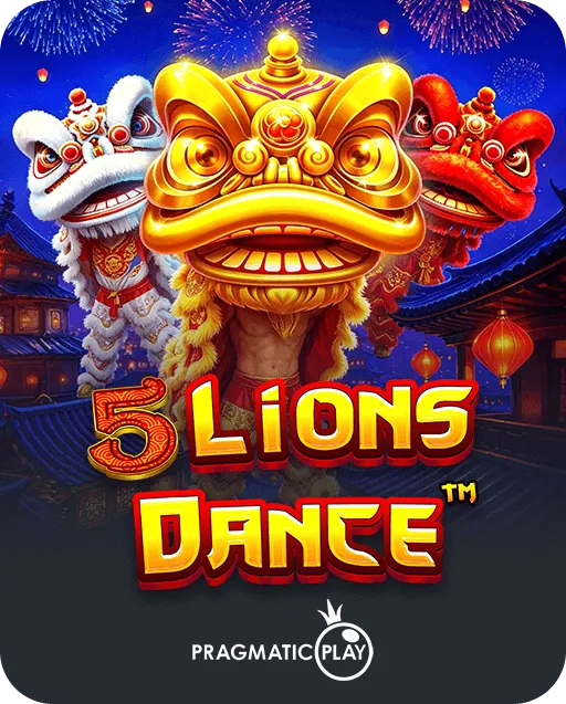 5 Lions Dance slot game by Pragmatic Play featuring golden, white and red lion dance costumes against a festive night sky
