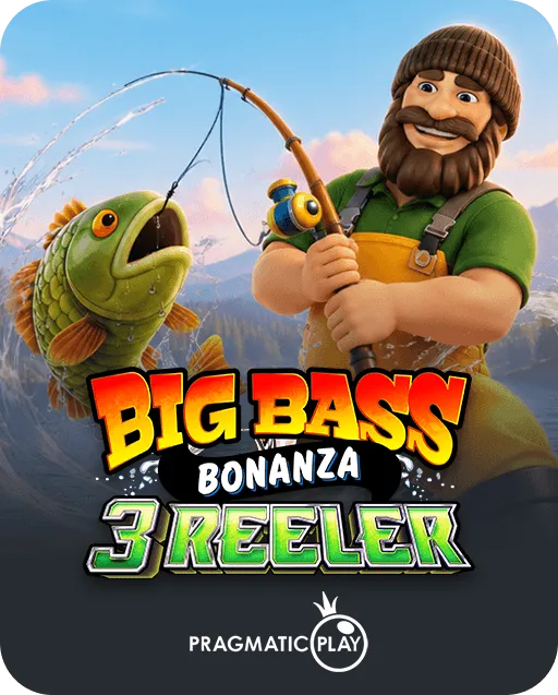 Big Bass Bonanza 3 Reeler slot game by Pragmatic Play featuring a bearded fisherman reeling in a jumping green bass
