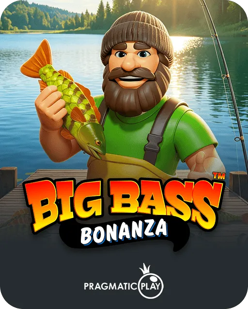 Big Bass Bonanza slot game by Pragmatic Play featuring a bearded fisherman holding a green bass on a lake dock