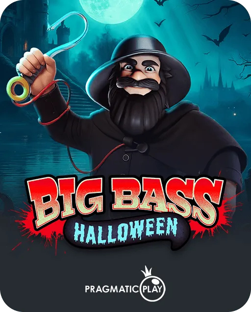 Big Bass Halloween slot game by Pragmatic Play with a fisherman in black holding a fishing hook under a full moon