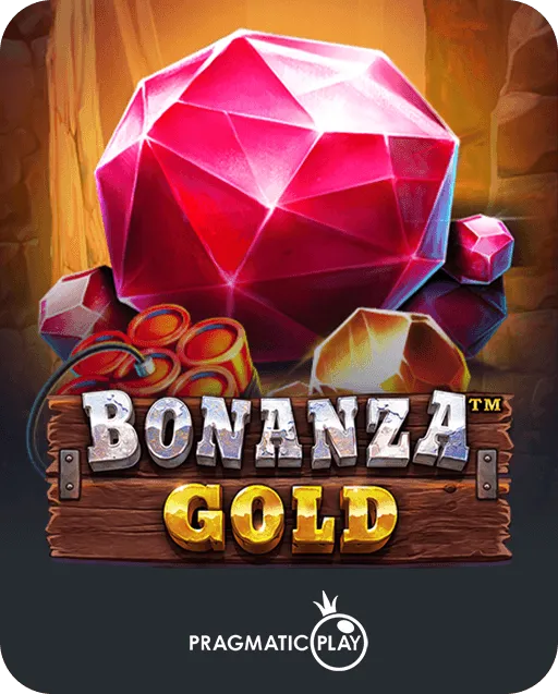 Bonanza Gold slot game by Pragmatic Play with a large red gemstone, dynamite sticks and a wooden mine sign