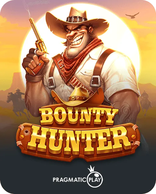 Bounty Hunter slot game by Pragmatic Play featuring a grinning cowboy with a revolver and red bandana at sunset