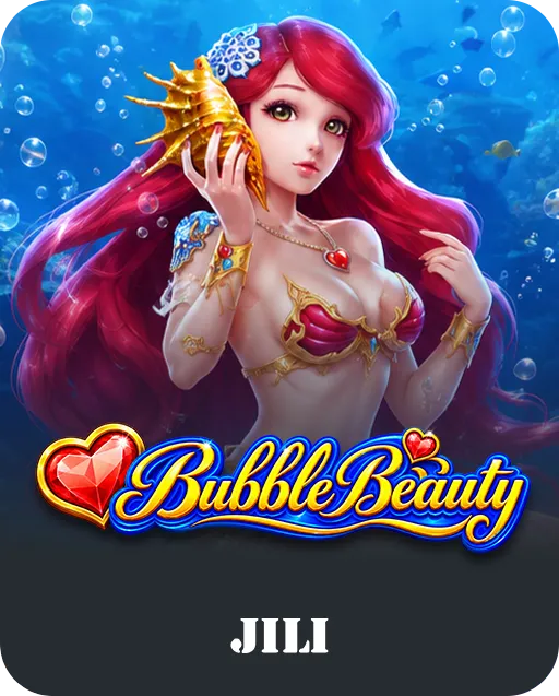 Bubble Beauty slot game by JILI featuring a red-haired mermaid holding a golden conch shell in an underwater scene