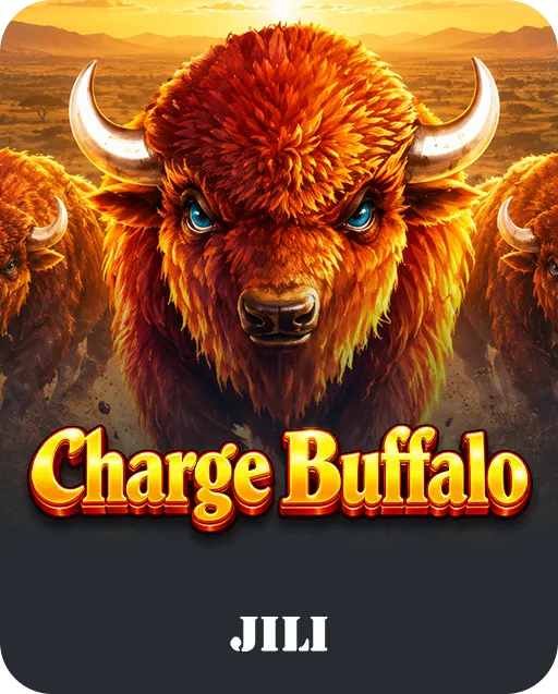 Charge Buffalo slot game by JILI featuring a charging bison with blue eyes and curved horns across a sunset savanna