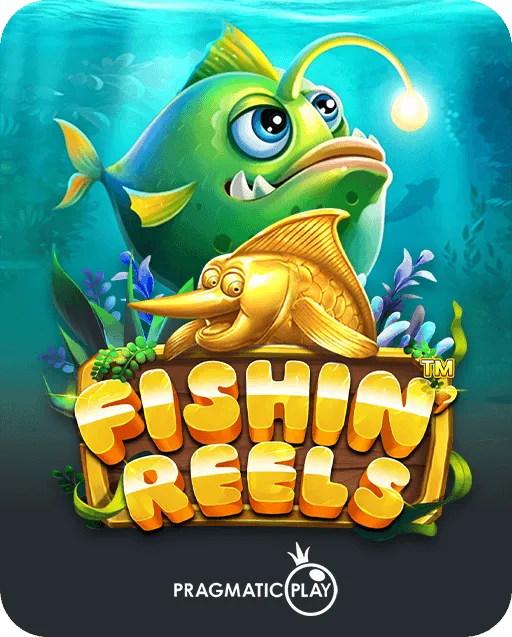 Fishin' Reels slot game by Pragmatic Play featuring a green anglerfish and a golden fish in an underwater scene