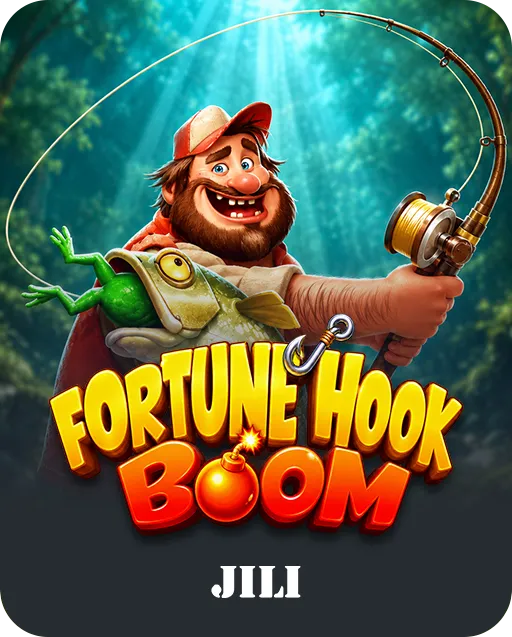 Fortune Hook Boom slot game by JILI featuring a bearded fisherman in a red cap with a fishing rod, a bass and a green frog
