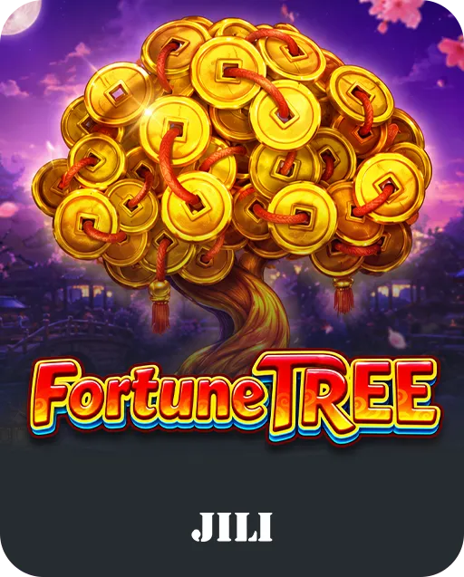 Fortune Tree slot game by JILI featuring a tree with golden Chinese coins tied in red string under a purple moonlit sky