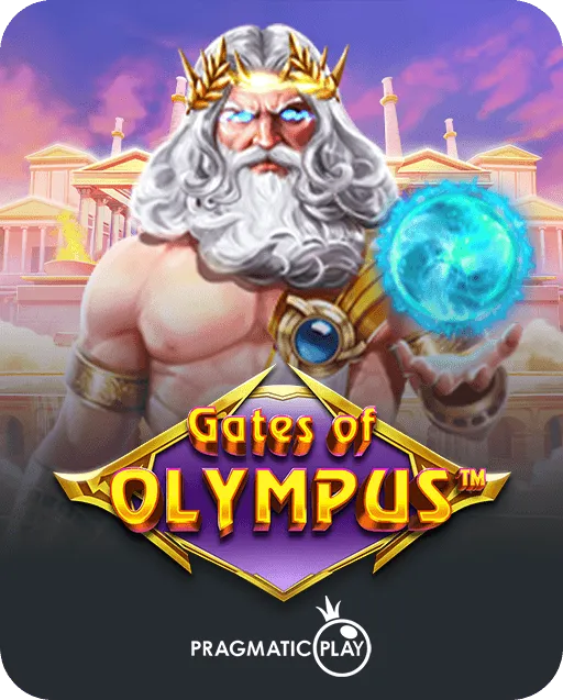 Gates of Olympus slot game by Pragmatic Play featuring Zeus holding a glowing blue orb in front of Greek temples