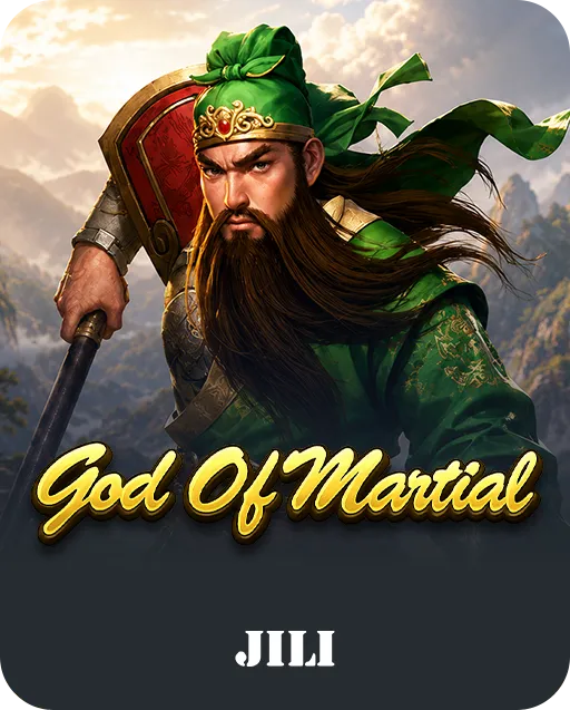 God of Martial slot game by JILI featuring a long-bearded warrior in a green headwrap and robe holding a polearm in the mountains