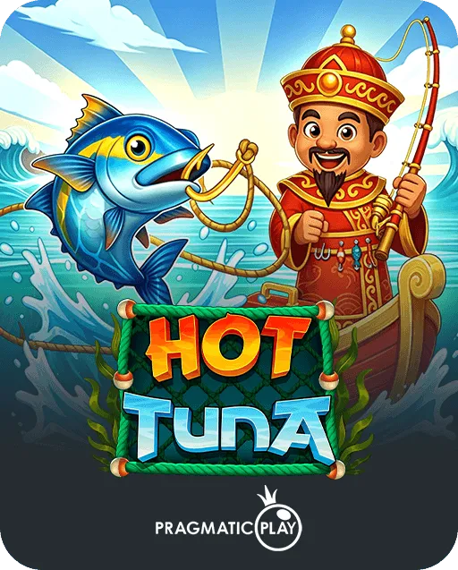 Hot Tuna slot game by Pragmatic Play showing a fisherman in red robes and a blue tuna jumping from ocean waves