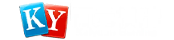 KY logo with a white letter K on a blue playing card tile overlapping a white letter Y on a red tile