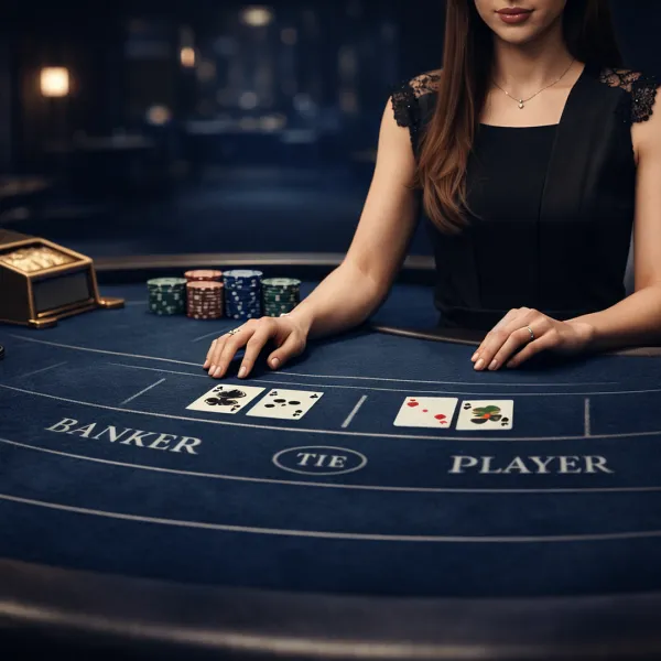 Live dealer at a blue baccarat table with cards on the Banker and Player boxes in Lightning Baccarat by Evolution Gaming