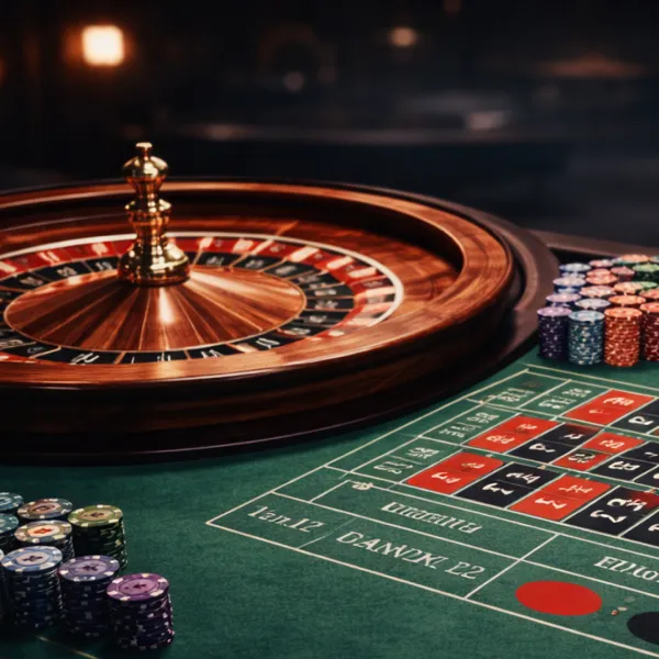 Roulette wheel beside a green betting table stacked with casino chips in Lightning Roulette by Pragmatic Play