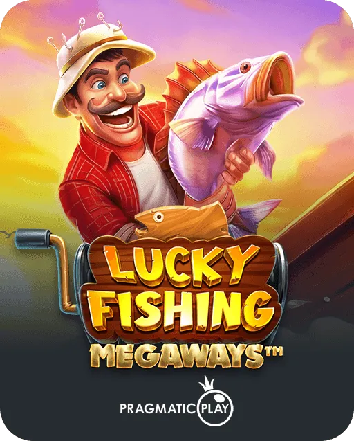 Lucky Fishing Megaways slot game by Pragmatic Play featuring a smiling fisherman in a red plaid shirt holding a purple fish