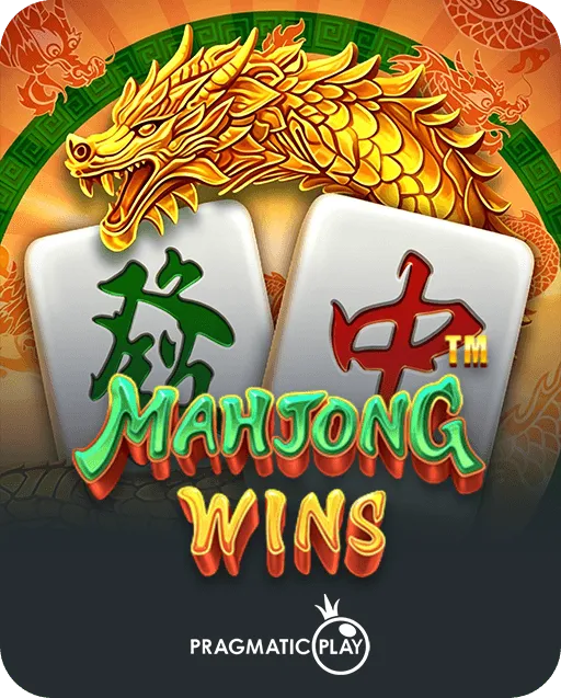 Mahjong Wins slot game cover by Pragmatic Play with a golden dragon coiled over two mahjong tiles