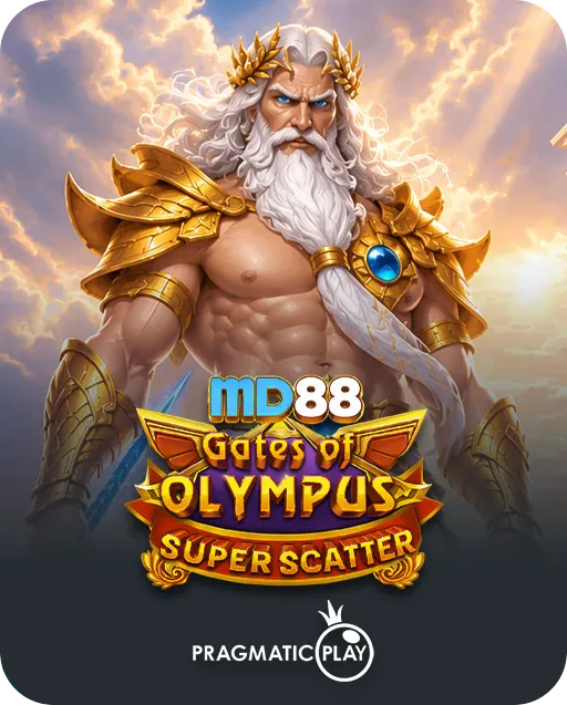 MD88 Gates of Olympus Super Scatter slot game by Pragmatic Play featuring Zeus in gold armor with a laurel crown in the clouds