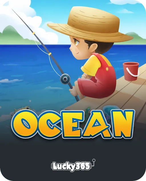Ocean game by Lucky365 featuring a cartoon boy in a straw hat and red overalls fishing from a wooden pier by the sea