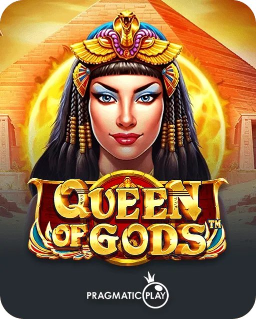 Queen of Gods slot game by Pragmatic Play featuring an Egyptian queen with a cobra crown in front of a pyramid