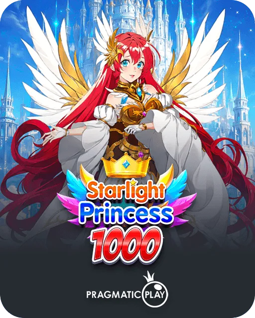 Starlight Princess 1000 slot game by Pragmatic Play featuring a winged red-haired anime princess before a crystal castle