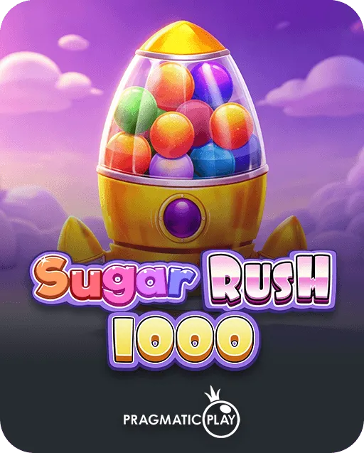 Sugar Rush 1000 slot game by Pragmatic Play with a golden candy rocket filled with colorful candy balls