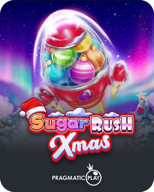 Sugar Rush Xmas slot game by Pragmatic Play with a candy rocket full of ornaments and a Santa hat under aurora skies