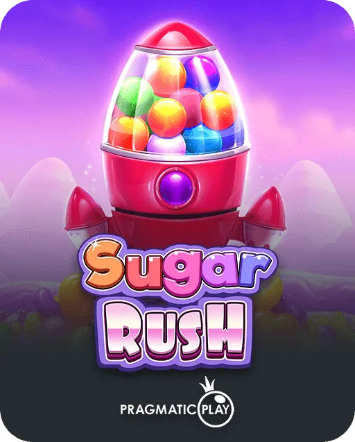Sugar Rush slot game by Pragmatic Play showing a pink candy rocket filled with colorful candy balls