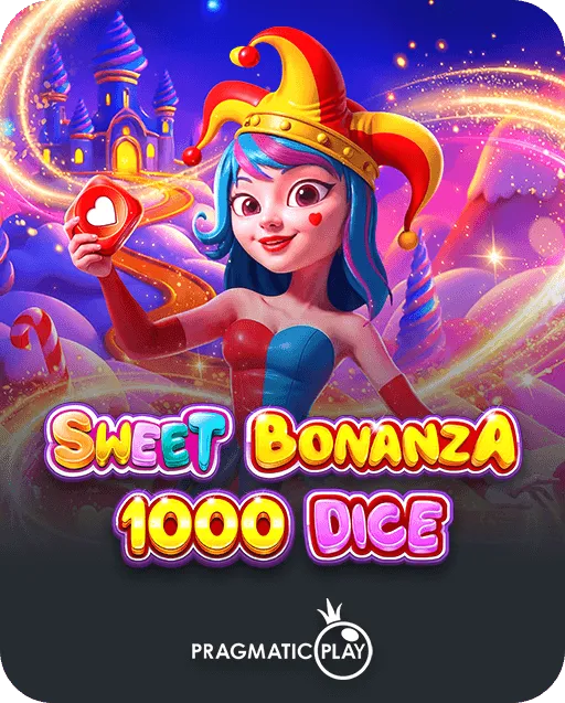 Sweet Bonanza 1000 Dice game by Pragmatic Play featuring a jester girl holding a heart dice near a candy castle