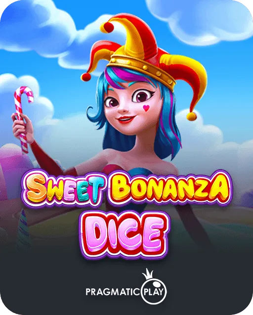 Sweet Bonanza Dice game by Pragmatic Play featuring a jester girl with blue hair holding a candy cane in a candy land