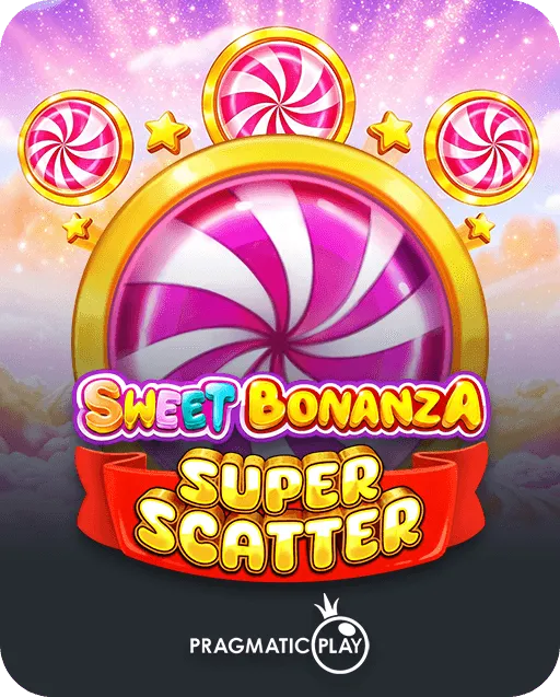 Sweet Bonanza Super Scatter slot game by Pragmatic Play with a large pink swirl candy in a gold ring