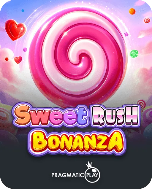 Sweet Rush Bonanza slot game by Pragmatic Play with a giant pink swirl candy and floating hearts in a candy sky