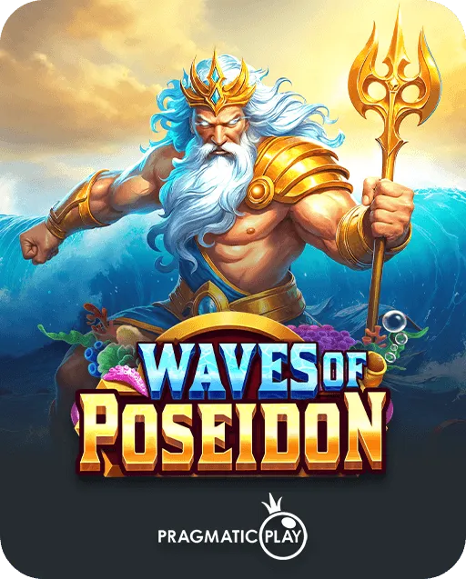 Waves of Poseidon slot game by Pragmatic Play featuring Poseidon with a white beard, golden crown and trident above ocean waves