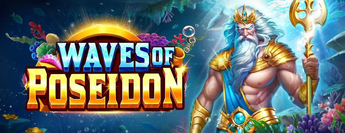 Poseidon with his golden trident beside the Waves of Poseidon title on a colourful coral reef