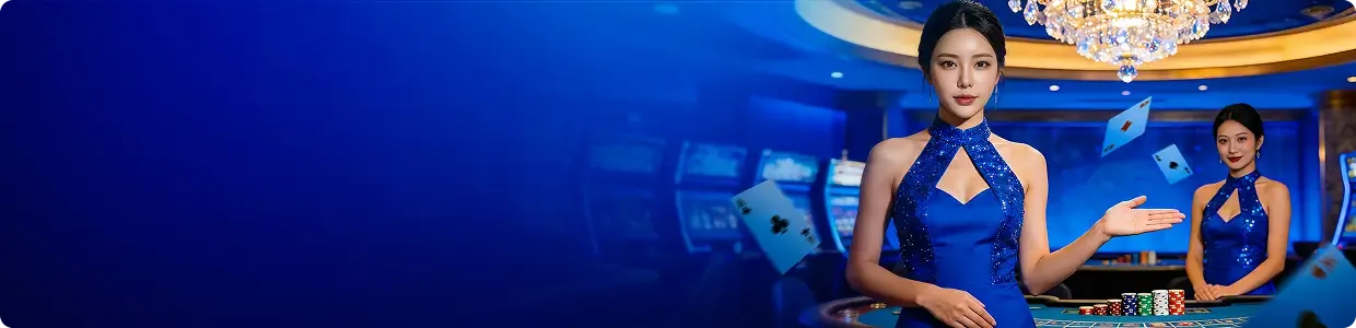 Two live dealers in blue dresses at a casino table under a chandelier for the MD88 live casino