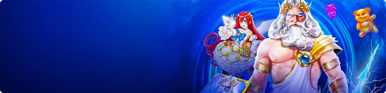 Zeus, an anime princess and cartoon slot characters on a blue background for MD88 slot games
