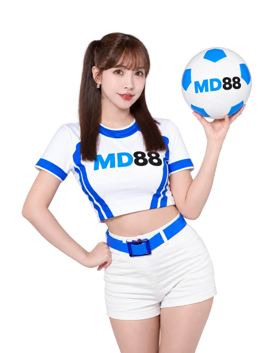 MD88 brand ambassador in a white and blue football kit holding up a football
