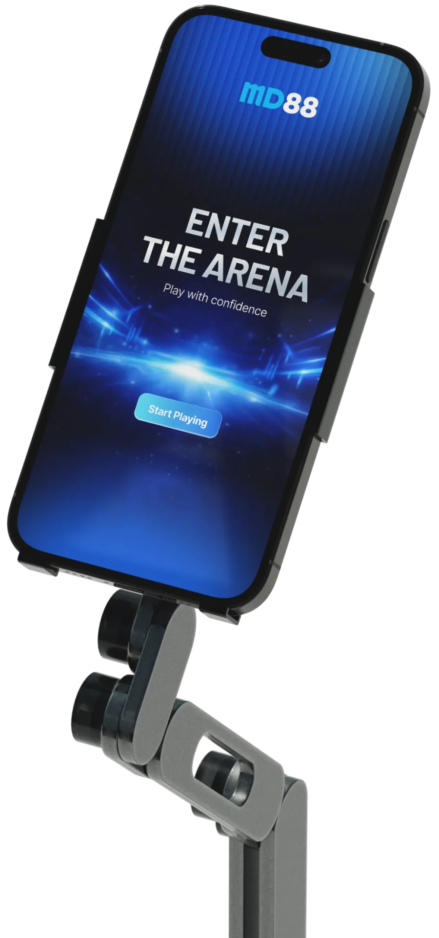 Smartphone on a stand showing the Enter the Arena screen of the MD88 app