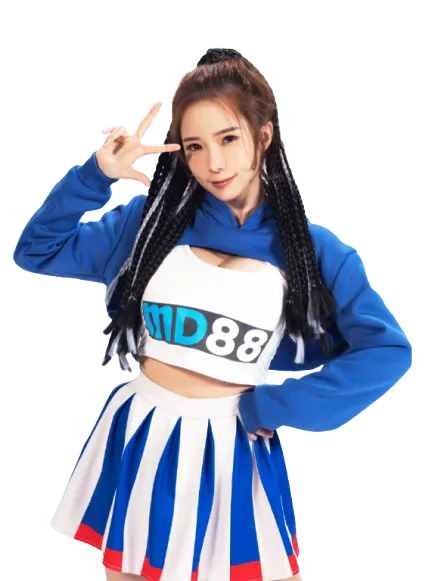 MD88 brand ambassador in a blue MD88 cheerleader outfit making a peace sign