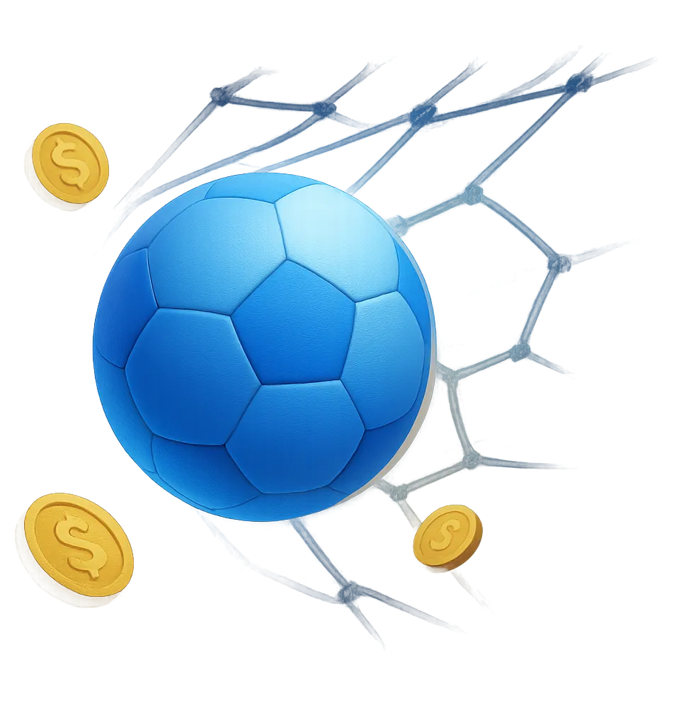 Blue football flying into a goal net with gold coins, representing MD88 sports betting